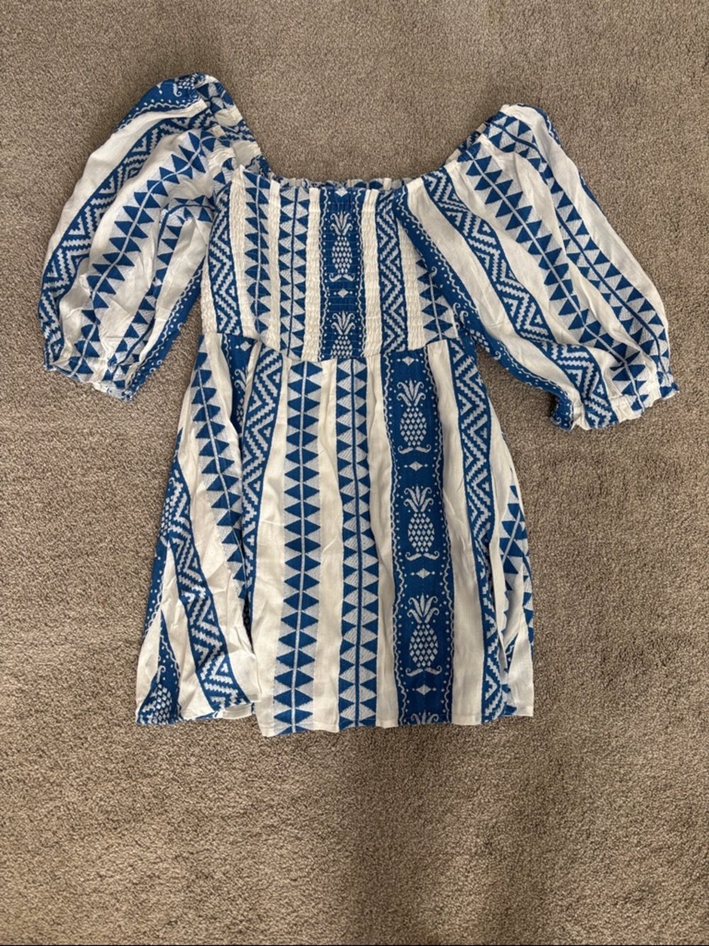 En Crème Blue & White Off-Shoulder Mini Dress
